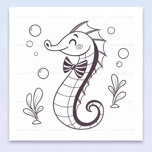 Illustration d'un hippocampe joyeux en style minimaliste, usage pour stickers et projets marins.