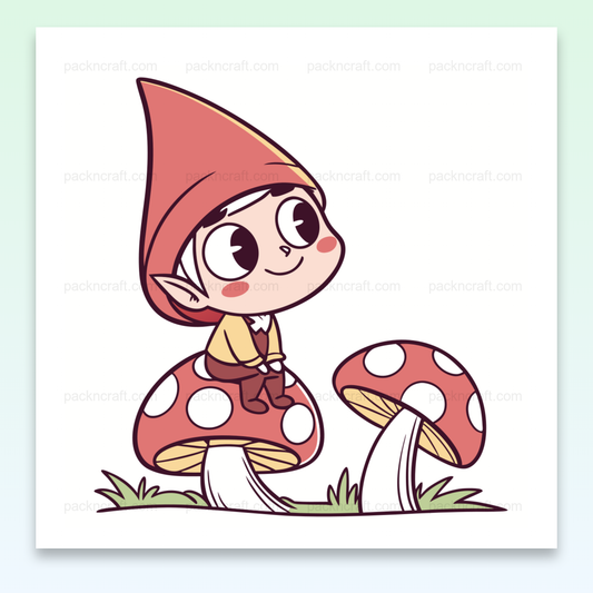 Illustration d'un lutin rêveur assis sur un champignon, idéale pour des créations DIY et décoratives.