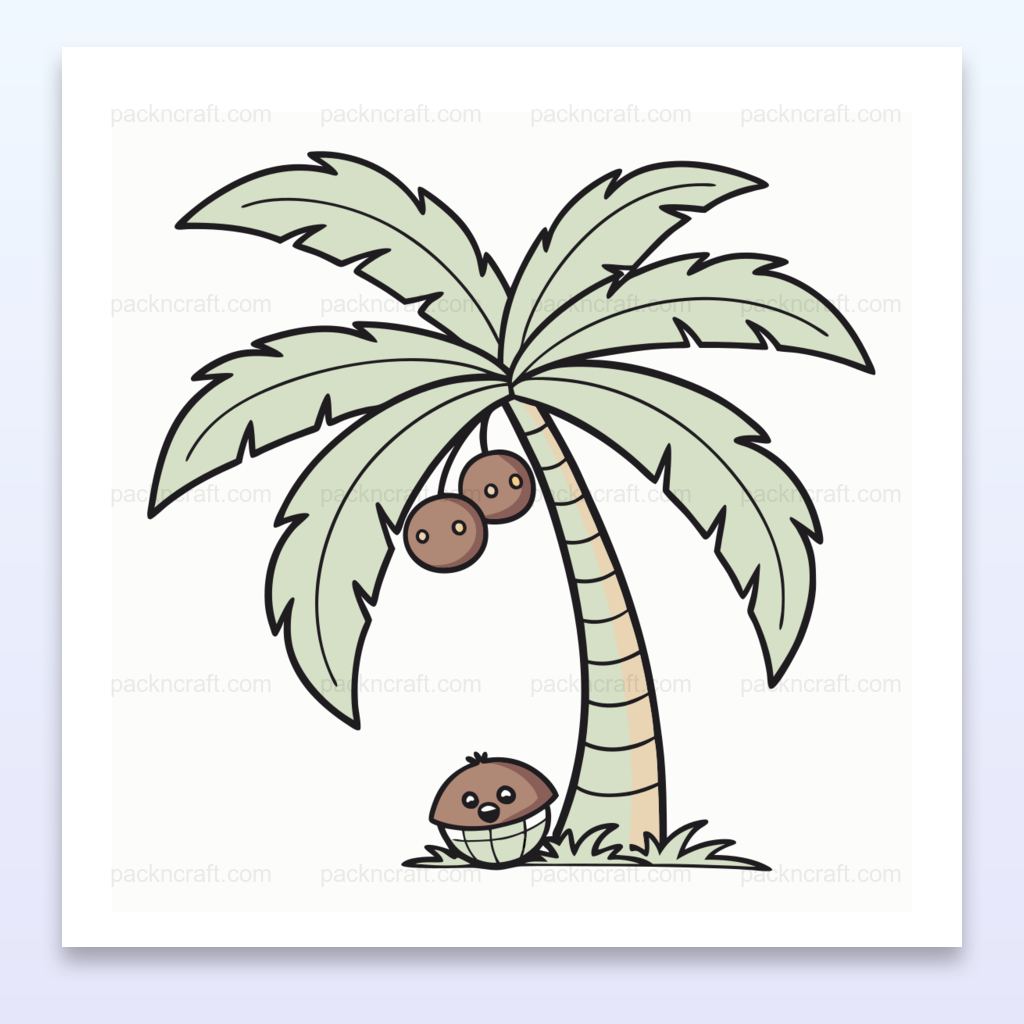 Illustration d'un cocotier rieur doodle, idéale pour projets tropicaux.