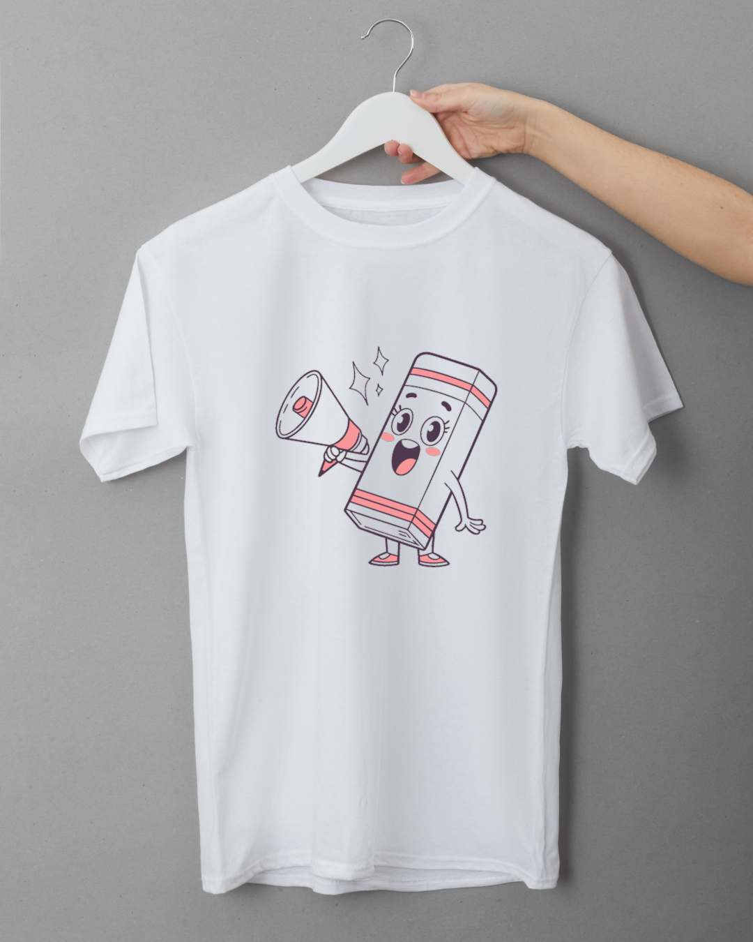 T-shirt ludique avec une gomme souriante en style doodle jouant du mégaphone