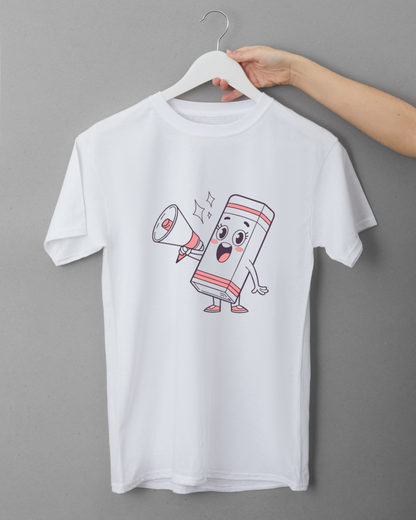 T-shirt ludique avec une gomme souriante en style doodle jouant du mégaphone