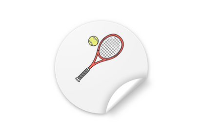 Sticker dynamique avec raquette de tennis en action sur fond énergique