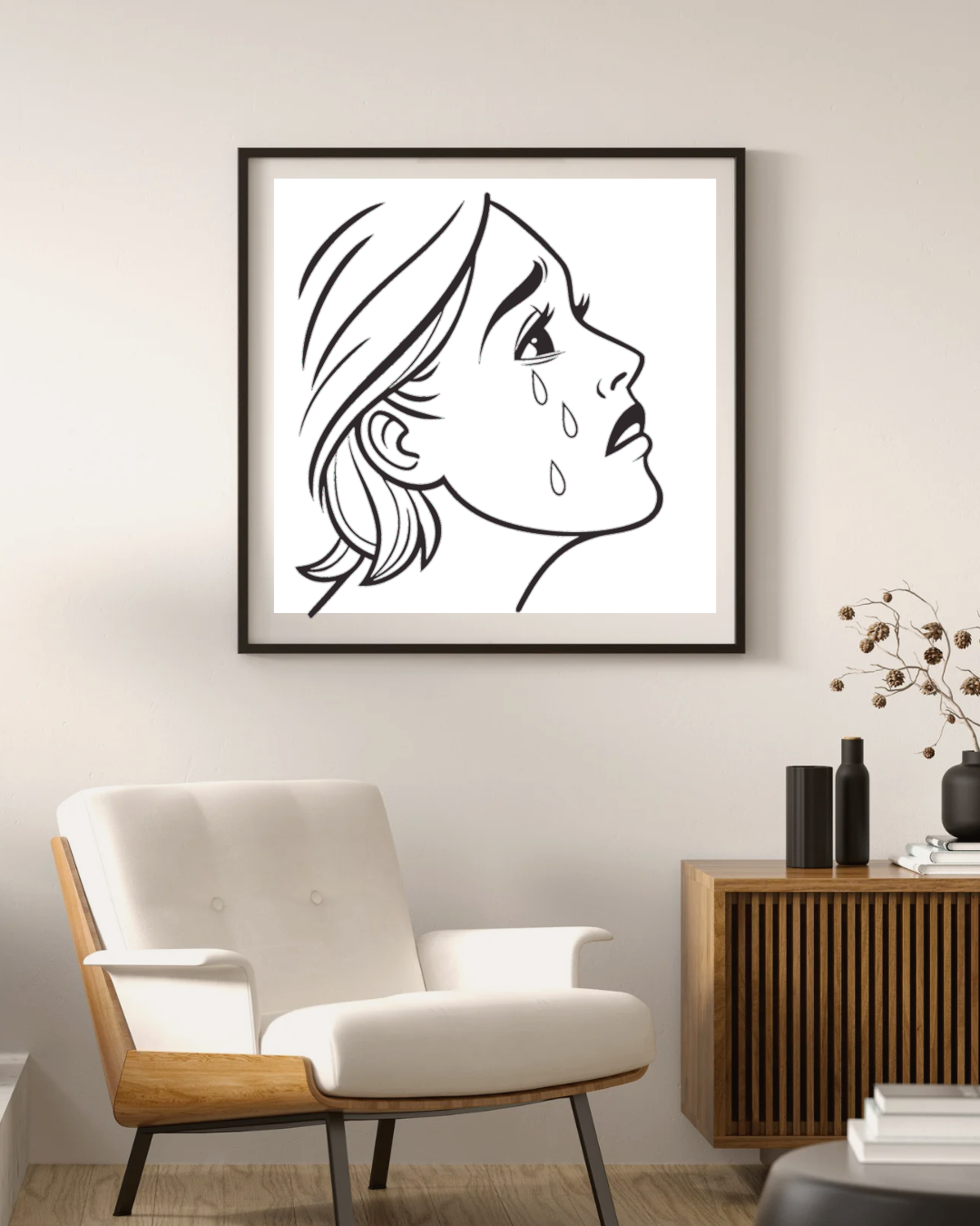 Cadre moderne avec icône minimaliste d'un visage pleurant, style épuré et expressif