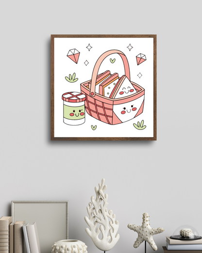 Cadre estival avec motif panier de pique-nique joyeux en tons pastel et scène lumineuse