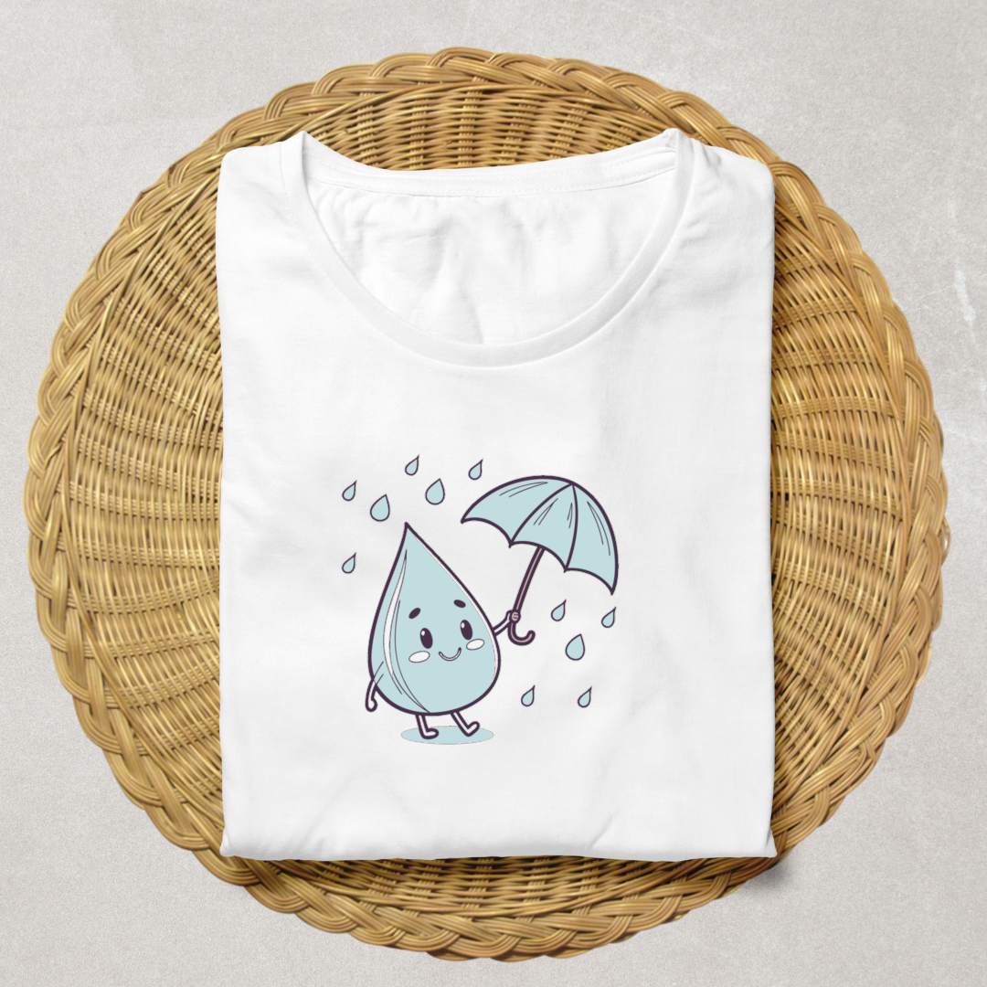 T-shirt avec motif doodle de goutte joyeuse sous un parapluie arborant un style ludique