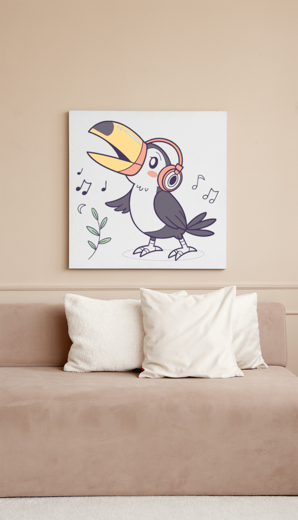Cadre décoratif montrant toucan mélomane dans un style exotique vibrant