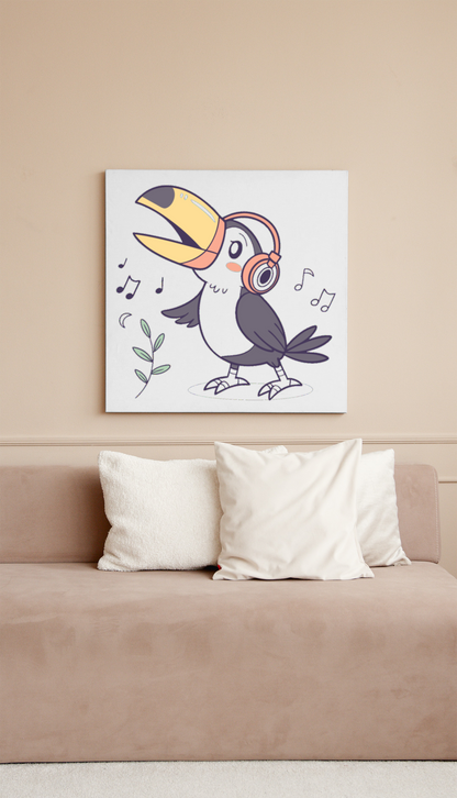 Cadre décoratif montrant toucan mélomane dans un style exotique vibrant