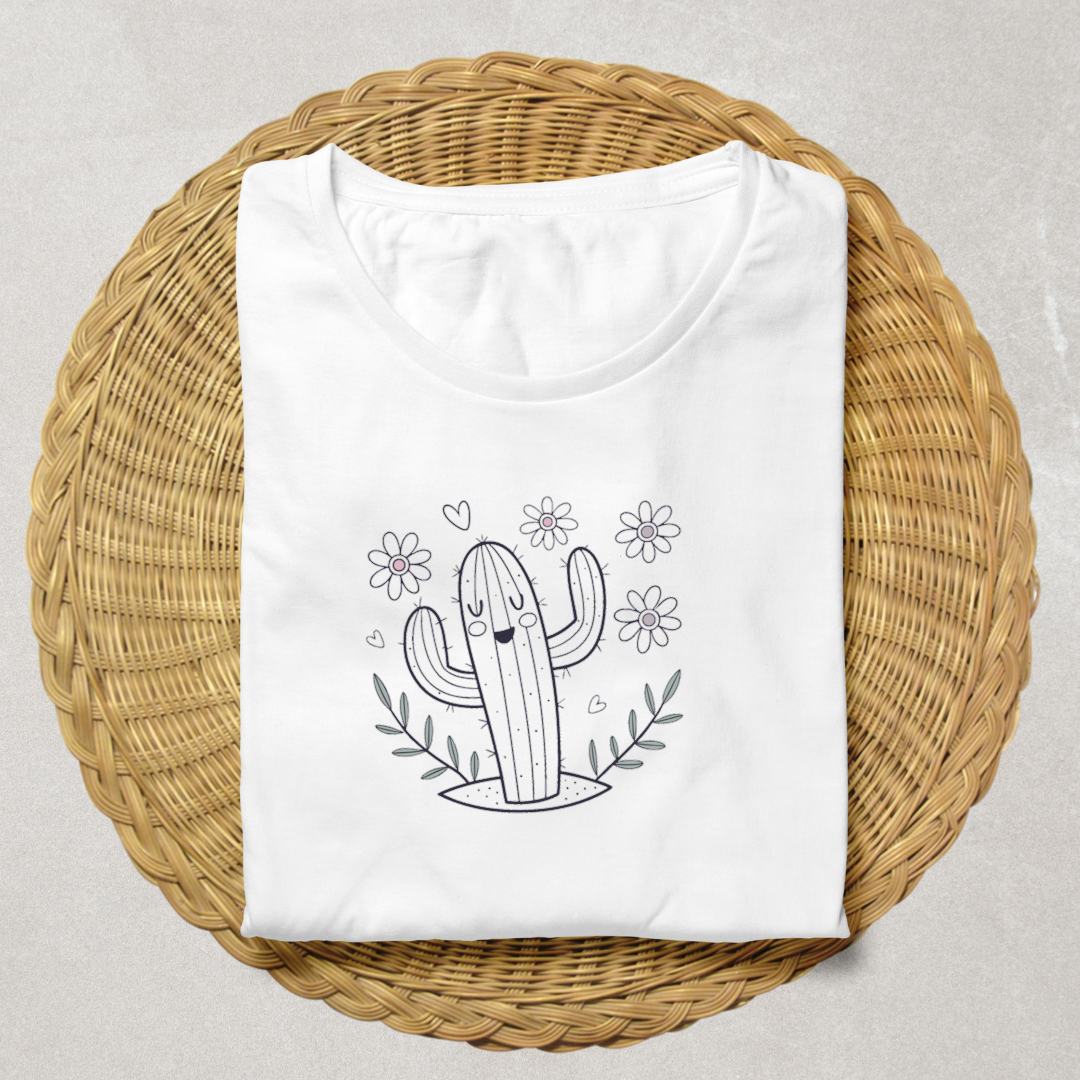 T-shirt coloré avec cactus joyeux et floral en style doodle pour une ambiance zen
