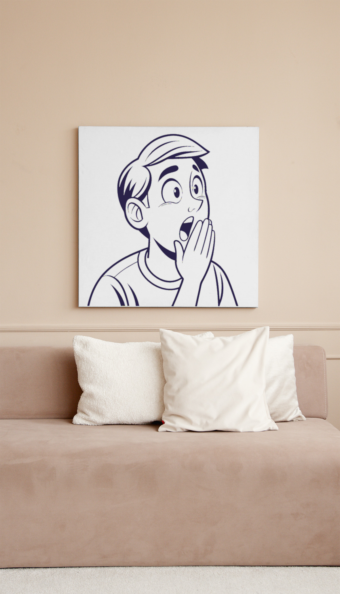 Cadre avec illustration minimaliste d'un garçon étonné exprimant une vive émotion