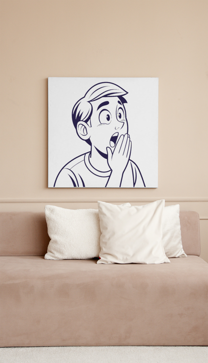 Cadre avec illustration minimaliste d'un garçon étonné exprimant une vive émotion