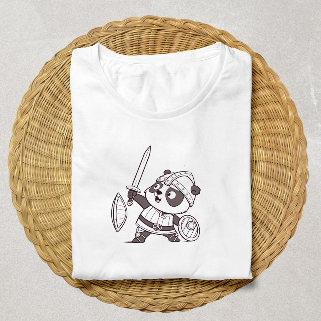 T-shirt avec panda chevalier ludique dans un univers fantaisie dynamique