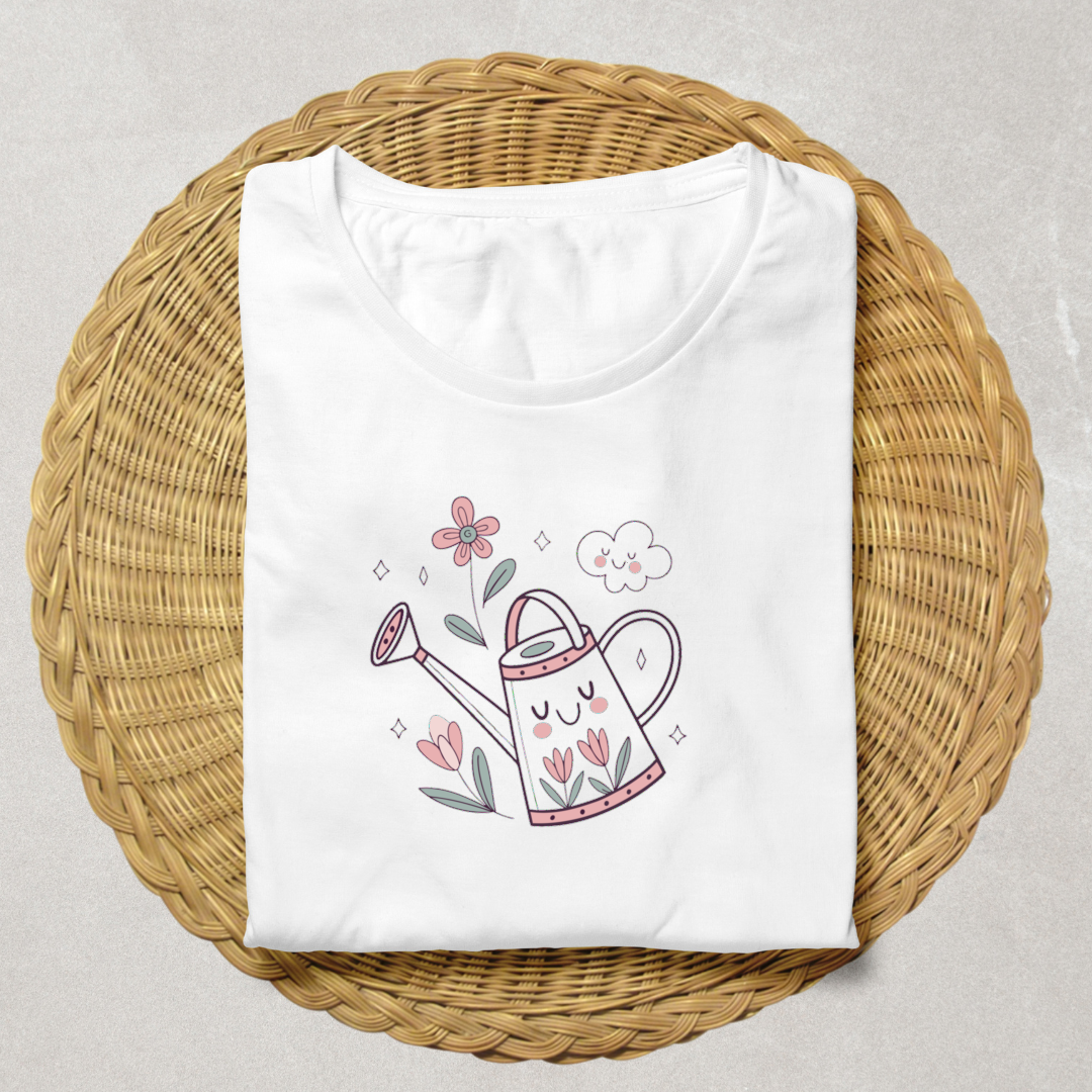 T-shirt avec motif arrosoir joyeux et fleurs dans un style pastel printanier