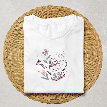 T-shirt avec motif arrosoir joyeux et fleurs dans un style pastel printanier