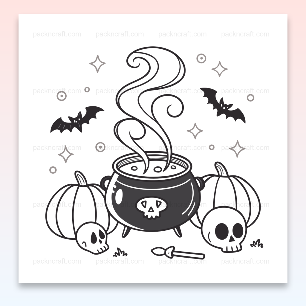 Illustration de chaudron avec des citrouilles et des éléments d'Halloween. Usage DIY, déco.