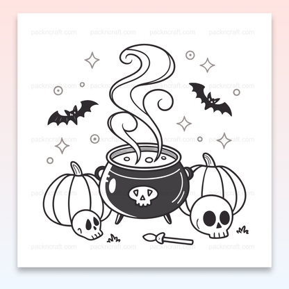 Illustration de chaudron avec des citrouilles et des éléments d'Halloween. Usage DIY, déco.