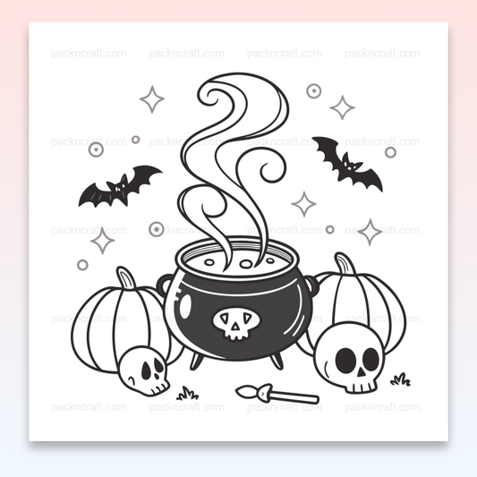 Illustration de chaudron avec des citrouilles et des éléments d'Halloween. Usage DIY, déco.