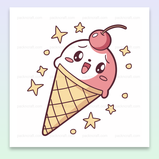 Illustration kawaii d'un cornet glacé joyeux entouré d'étoiles, parfait pour DIY et papeterie.