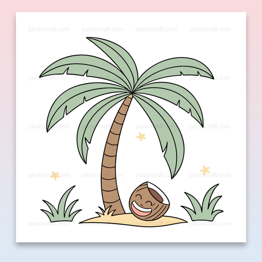 Image kawaii d'un cocotier avec un visage souriant, idéale pour papeterie et déco.