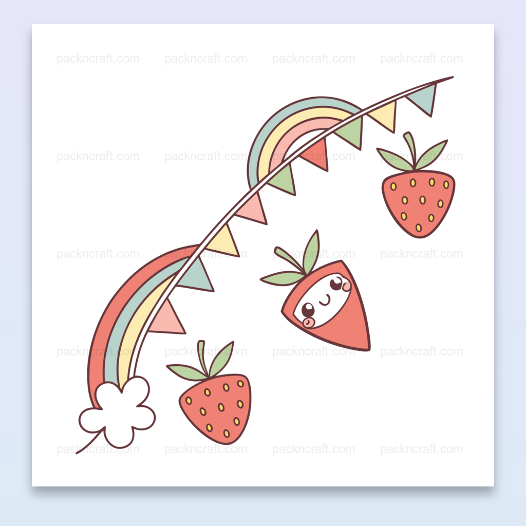 Illustration de fraises joyeuses avec un arc-en-ciel en SVG, idéal pour projets créatifs.