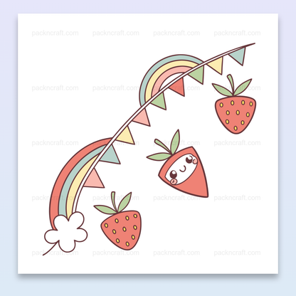 Illustration de fraises joyeuses avec un arc-en-ciel en SVG, idéal pour projets créatifs.