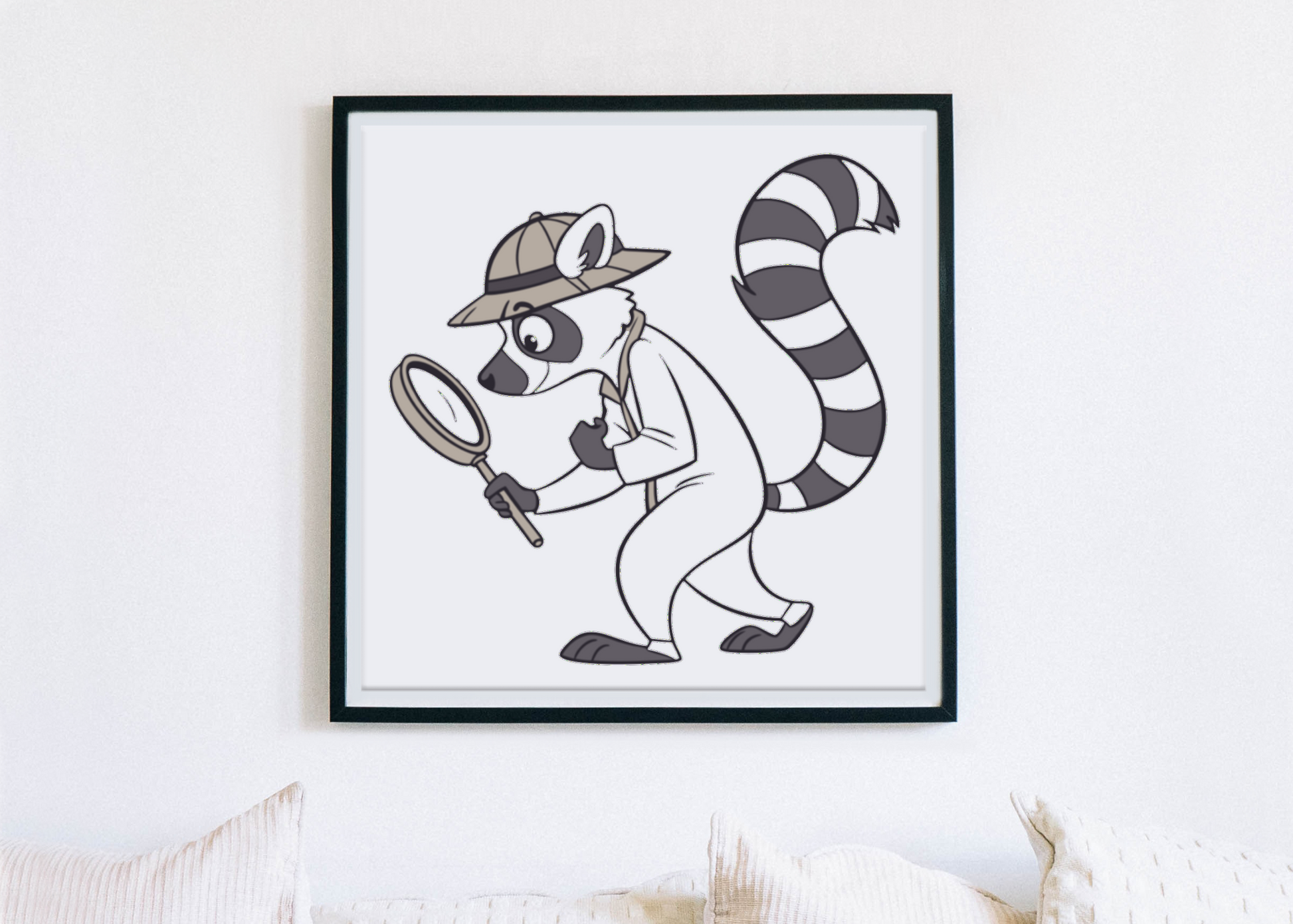 Cadre avec lémurien détective curieux dans une jungle mystérieuse style cartoon