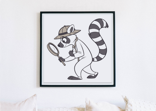 Cadre avec lémurien détective curieux dans une jungle mystérieuse style cartoon