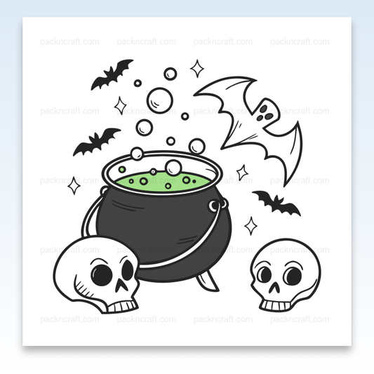 Illustration Halloween de chaudron bouillonnant avec chauve-souris en SVG, idéal pour papeterie et décorations DIY.