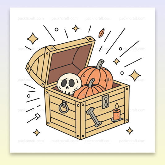Coffre d'Halloween avec citrouilles et crâne, illustration vectorielle magique.