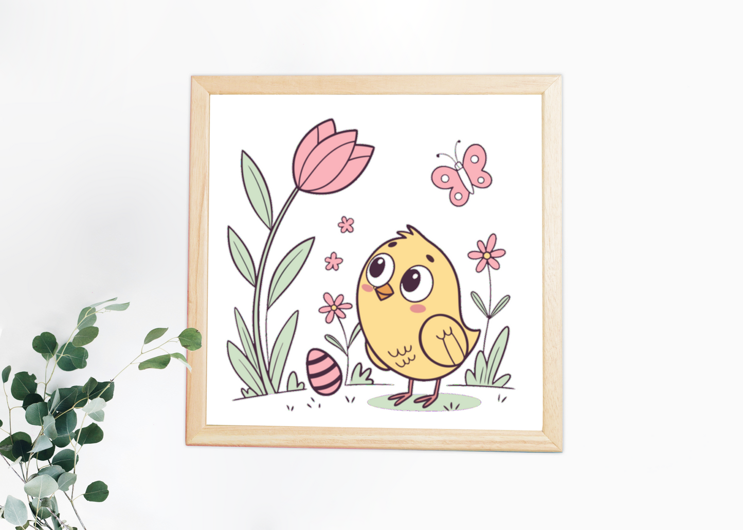 Cadre avec poussin curieux en couleur pastel, style enchanteur et printanier