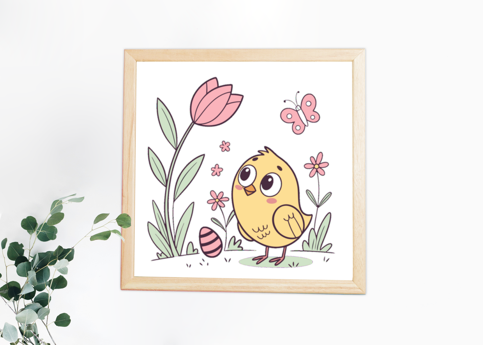Cadre avec poussin curieux en couleur pastel, style enchanteur et printanier