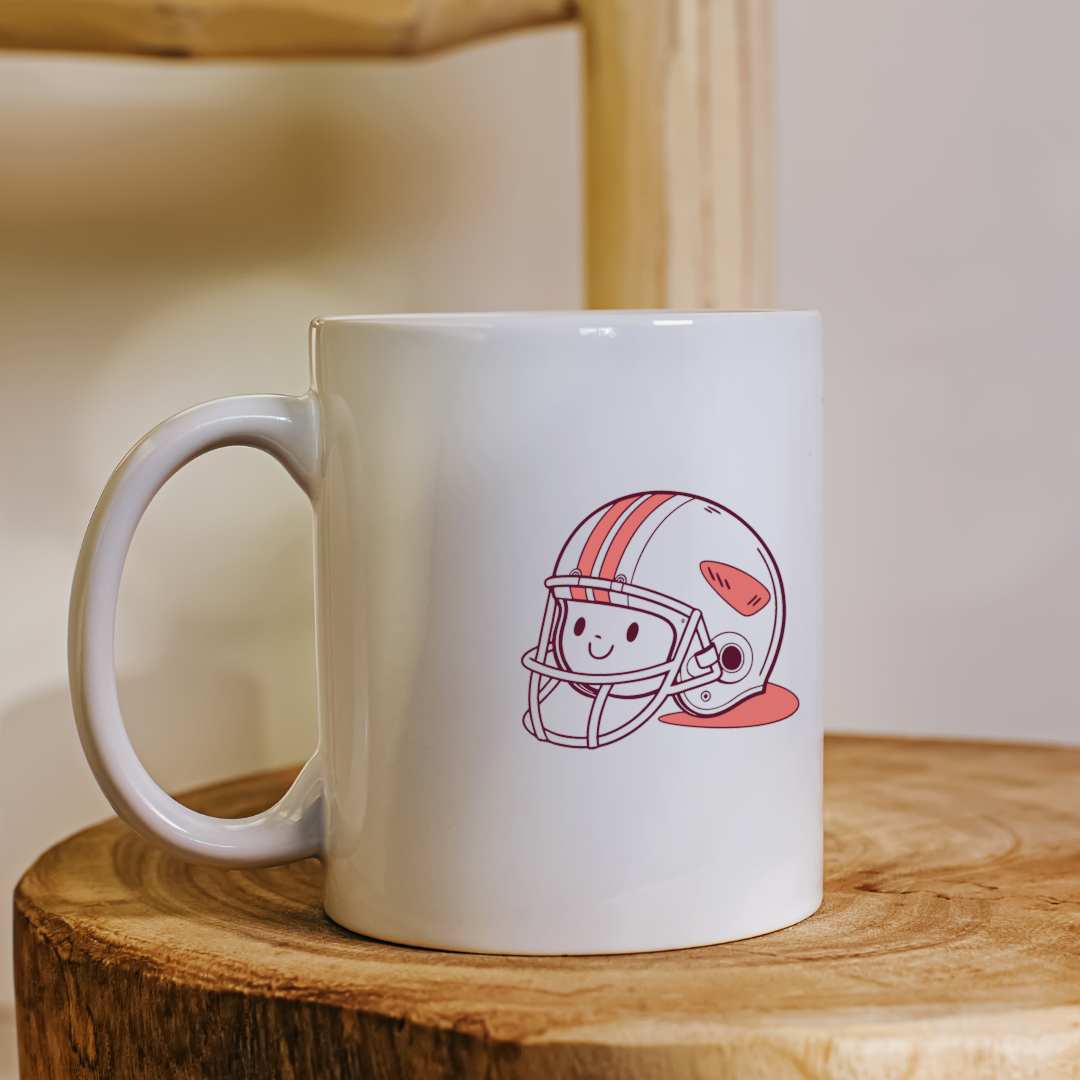 Mug avec casque souriant doodle sportif, design moderne et amusant