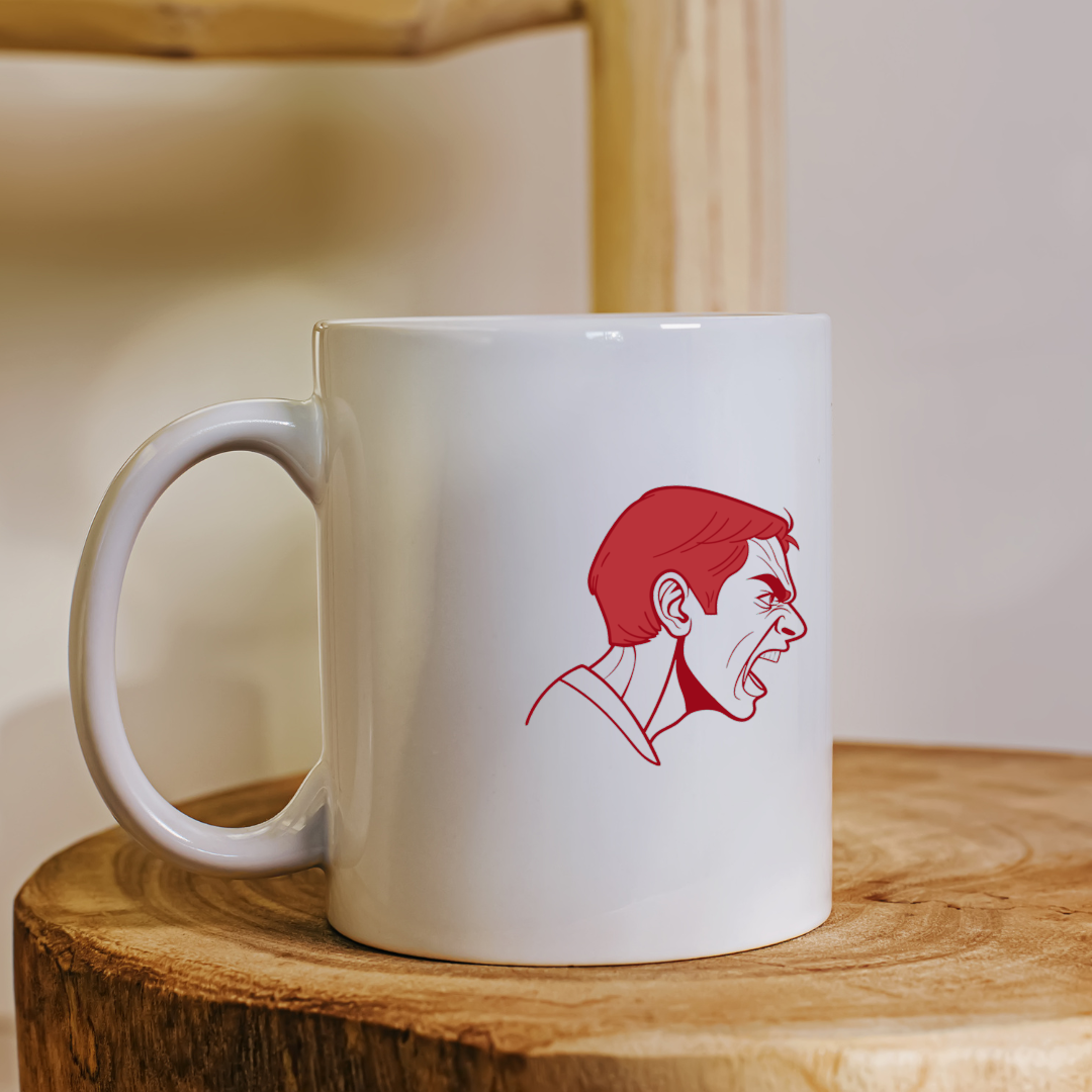 Mug avec icône dynamique en noir et blanc capturant une forte émotion