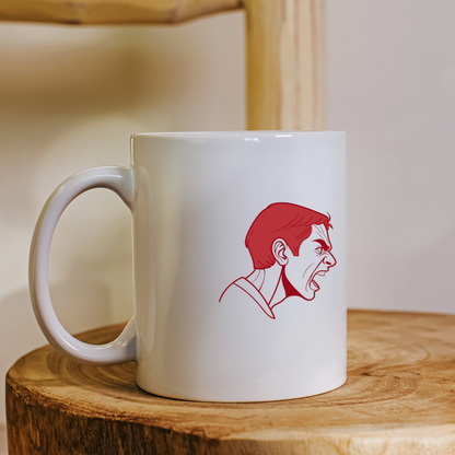 Mug avec icône dynamique en noir et blanc capturant une forte émotion