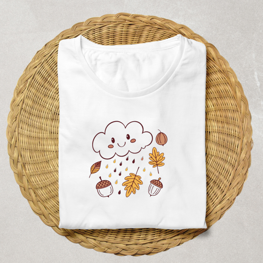 T-shirt décoré d'un nuage kawaii, idéal pour l'automne, thème feuilles