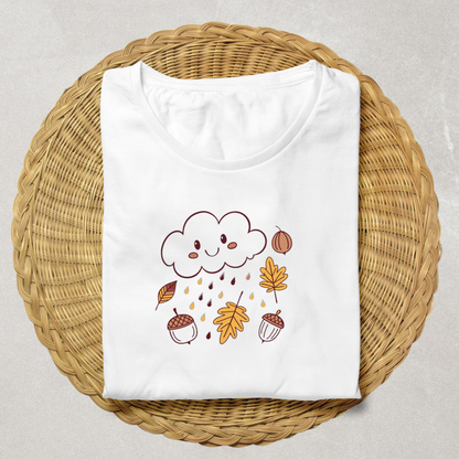 T-shirt décoré d'un nuage kawaii, idéal pour l'automne, thème feuilles