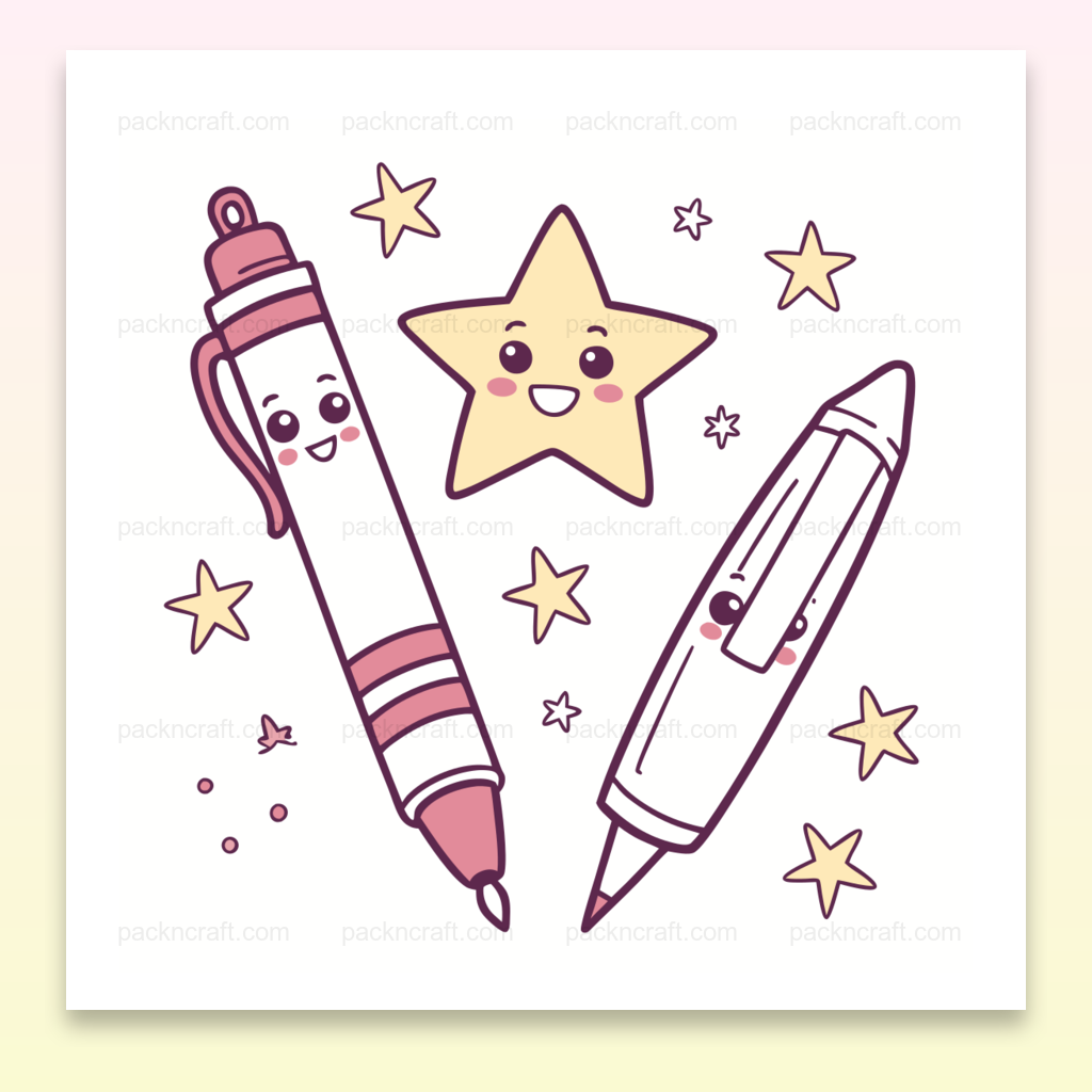 Étoile joyeuse et stylos illustrés, design doodle pour projets éducatifs et papeterie.
