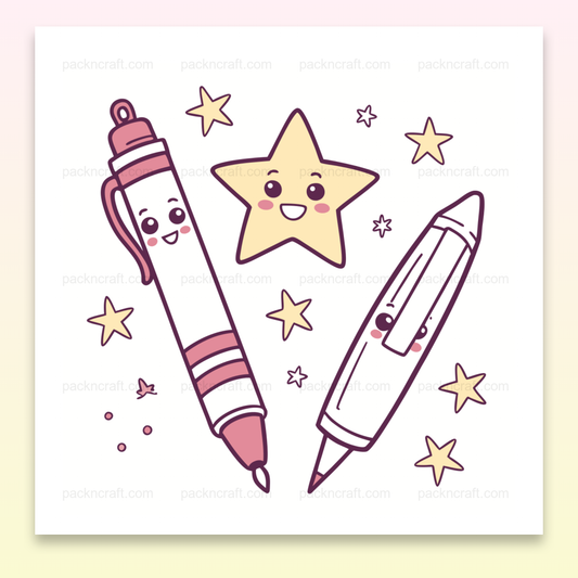 Étoile joyeuse et stylos illustrés, design doodle pour projets éducatifs et papeterie.