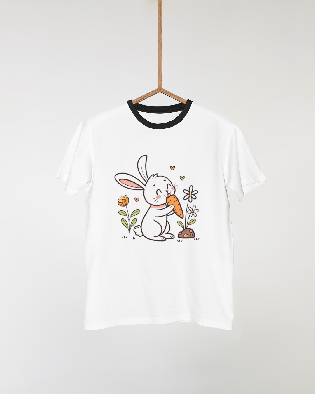 T-shirt avec icône kawaii de lapin joyeux et motif printanier coloré