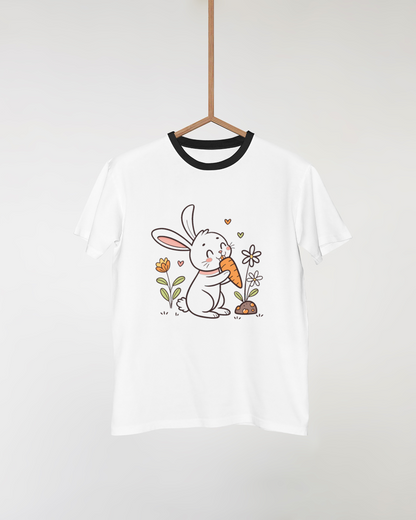 T-shirt avec icône kawaii de lapin joyeux et motif printanier coloré