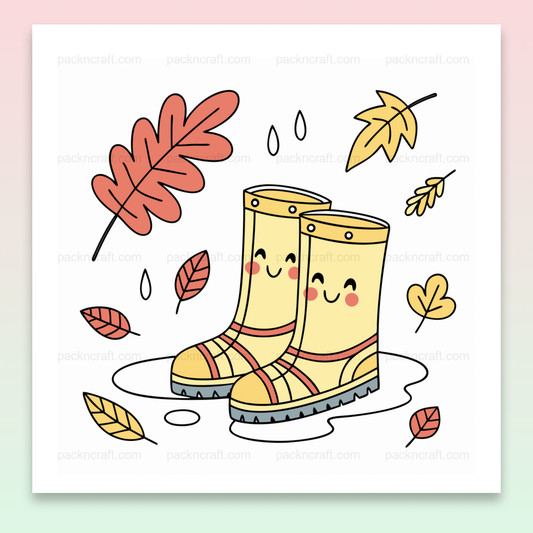 Illustration SVG de bottes joyeuses sous la pluie automnale avec des feuilles
