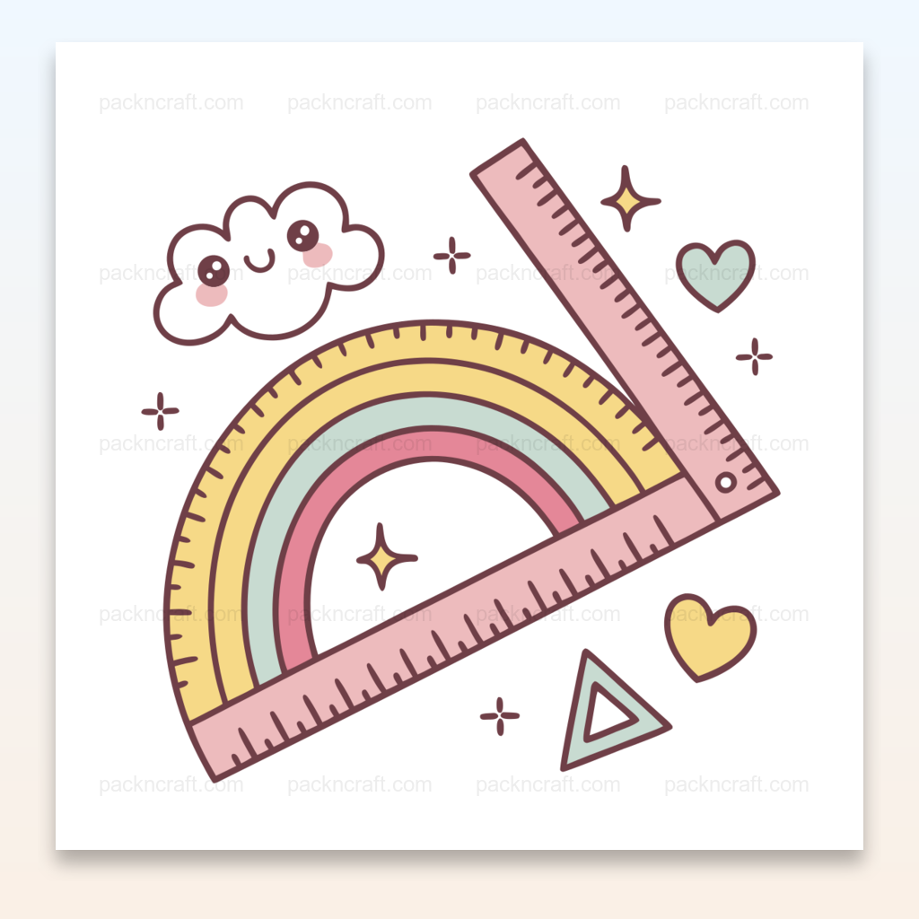 Illustration kawaii d'un arc-en-ciel joyeux avec des règles, style pastel pour projets créatifs et éducatifs.