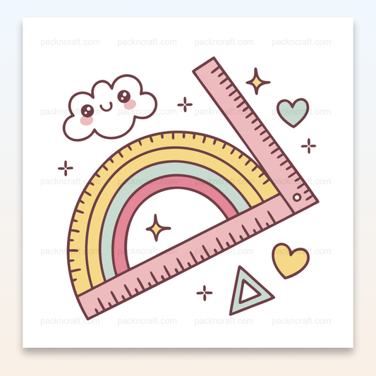 Illustration kawaii d'un arc-en-ciel joyeux avec des règles, style pastel pour projets créatifs et éducatifs.