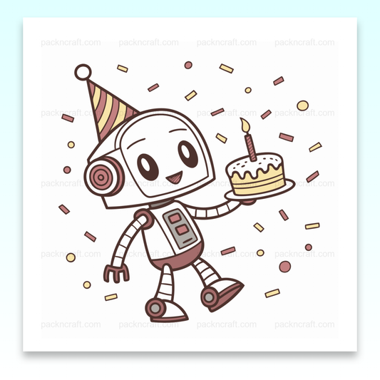 Robot kawaii en fête avec gâteau et confettis, idéal pour anniversaires.