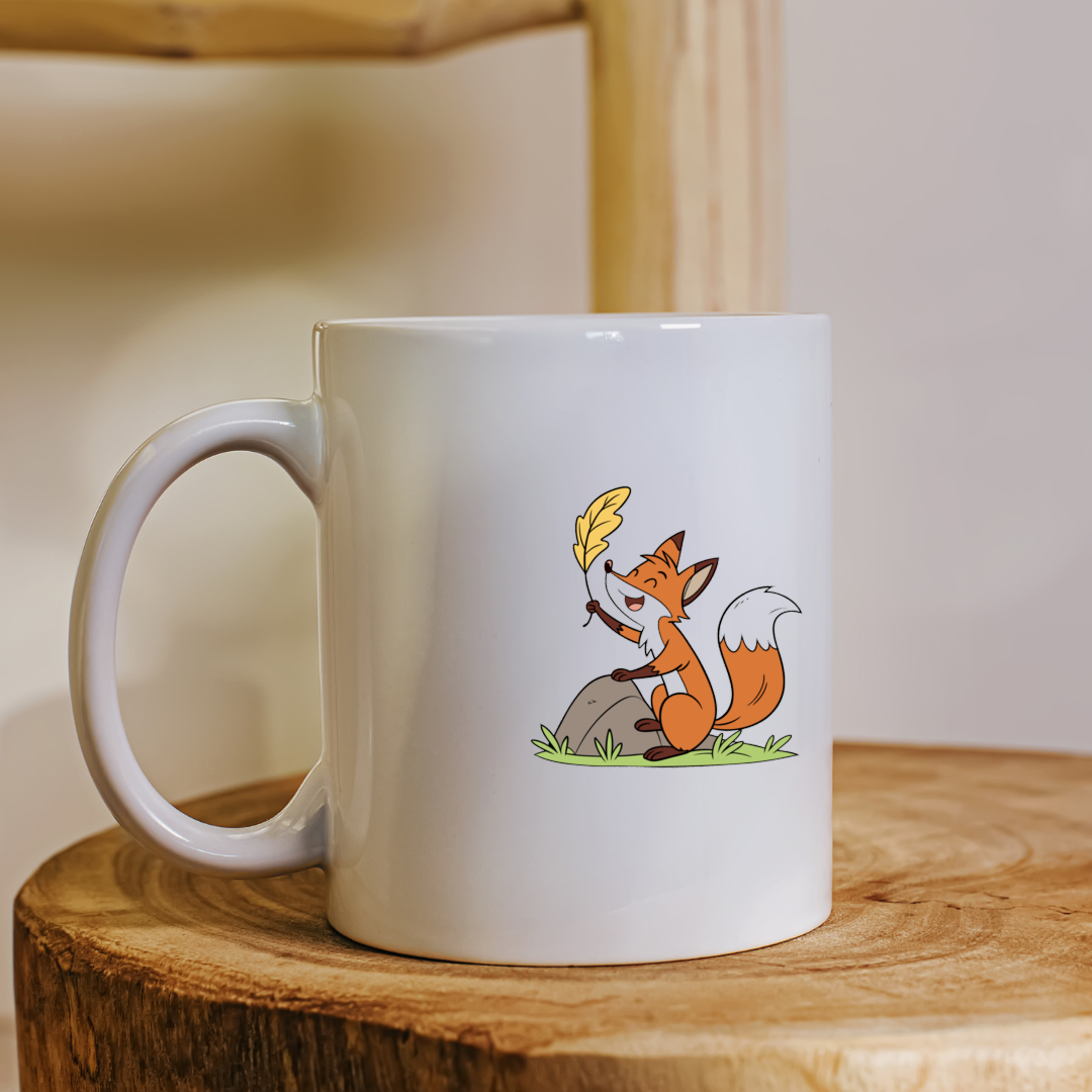 Mug avec renard joyeux stylisé, ambiance forêt enchantée, déco originale