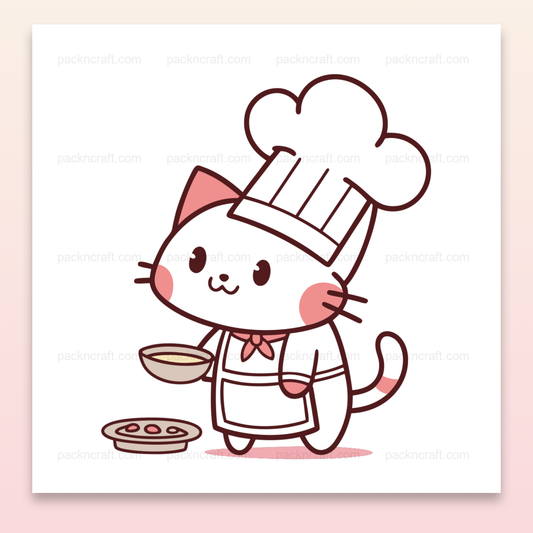 Illustration numérique de chat cuisinier kawaii, idéale pour cuisine et déco créative.