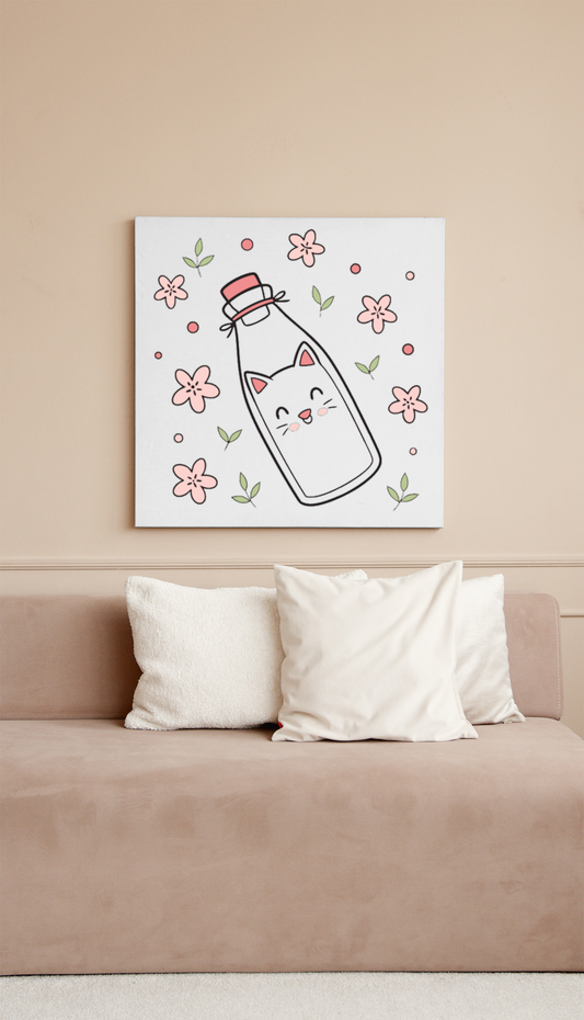 Cadre avec chat kawaii dans une bouteille, ambiance floraison printanière