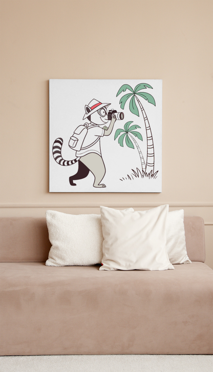 Cadre avec un lémurien s'aventurant dans un style épuré et tropical