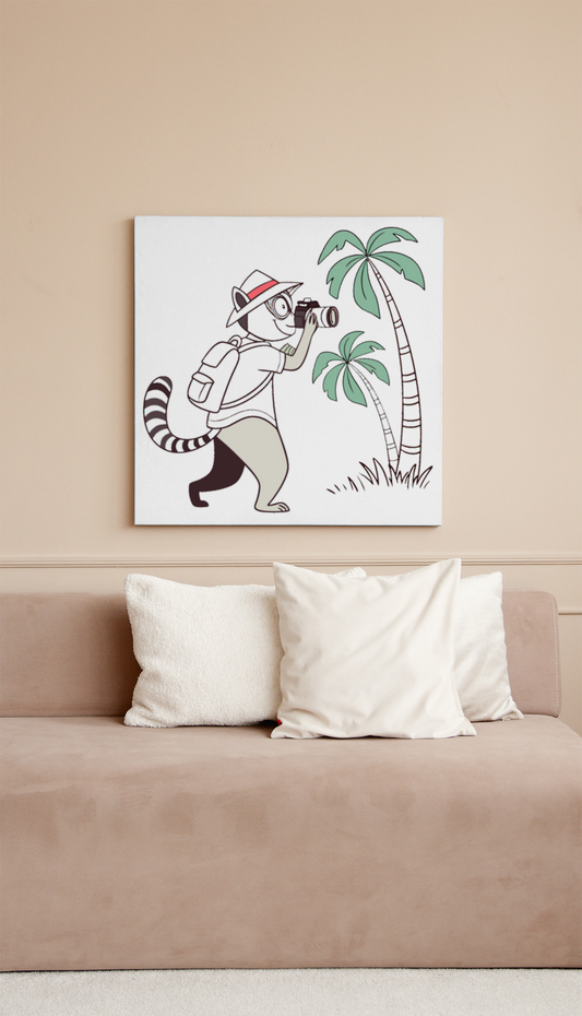 Cadre avec un lémurien s'aventurant dans un style épuré et tropical