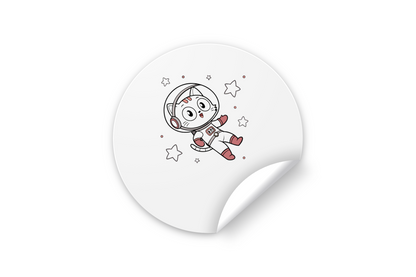 Sticker kawaii avec un chat astronaute joyeux sur fond d'aventure spatiale