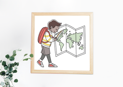 Cadre affichant un design numérique minimaliste écolier en quête d'aventure éducative